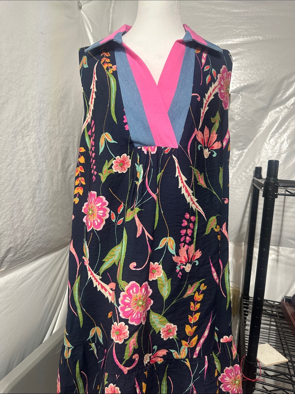 THML Navy Floral Midi Dress with Pink Trim